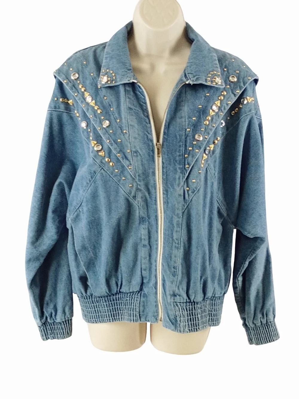 Vintage Women's Blue Denim Studded Zip-Up Jacket